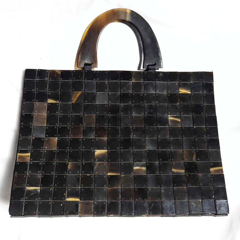 Vintage Mosaic Tile Handbag Brown Black Sculptural Top Handle Purse - Picture 2 of 7